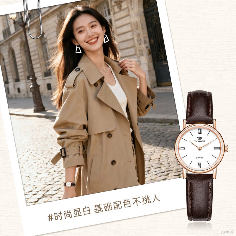 天王表复古轻奢真皮石英小巧学生考试手表女3612生日毕业成人礼物