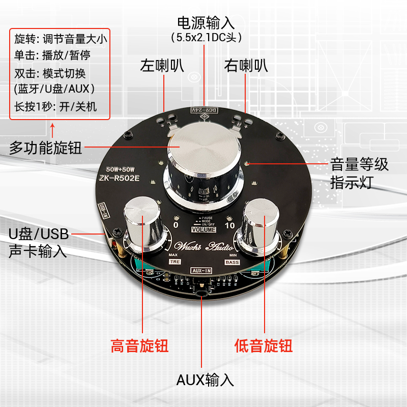 ZK-R502E炫酷音量指示蓝牙音频功放板模块高低音调节50W+50W-图1