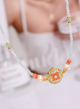 钛钢项链 新中式国风串珠项链女夏季精致滴釉复古锁骨链气质配饰