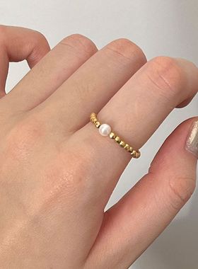 钛钢戒指 镀18k金爆闪碎金子蹦迪珠戒指女弹力绳时尚轻奢指环配饰