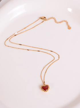 钛钢项链 复古红色爱心项链女小众气质简约不掉色锁骨链百搭饰品