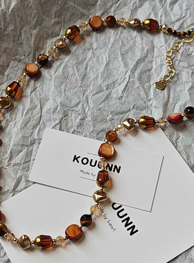 钛钢项链 复古咖色串珠项链女轻奢精致高级感锁骨链高品质不褪色