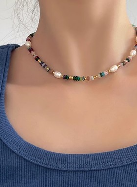 钛钢项链 彩色串珠项链女时尚高级感精致叠戴锁骨链颈链不褪色