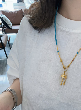 铜合金项链 拨浪鼓串珠百搭项链女新中式小众复古高级感衣服配饰