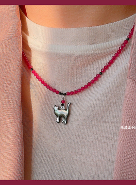 【少女的小黑猫】原创红宝石黑蝶贝猫咪串珠项链女 小众甜美显白