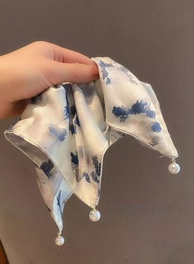 雾蓝色系花朵扎染油画中式方巾发圈高级感缎面珍珠大肠圈发饰