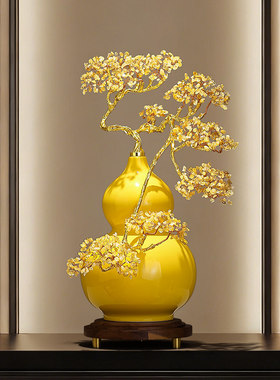 招财天然黄水晶发财树葫芦摆件客厅玄关轻奢装饰店铺开业乔迁礼物