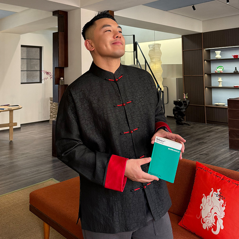 红礼*三重门春秋季非遗复古龟裂纹香云纱真丝100%外套唐装潮流男,淘宝优惠券,粉丝福利购,淘宝优惠卷