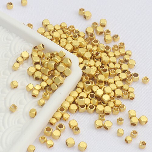 18k包金哑金保色14K几何正方粒2.5mm/3mm/4mm大孔珠diy饰品配珠 - 图0