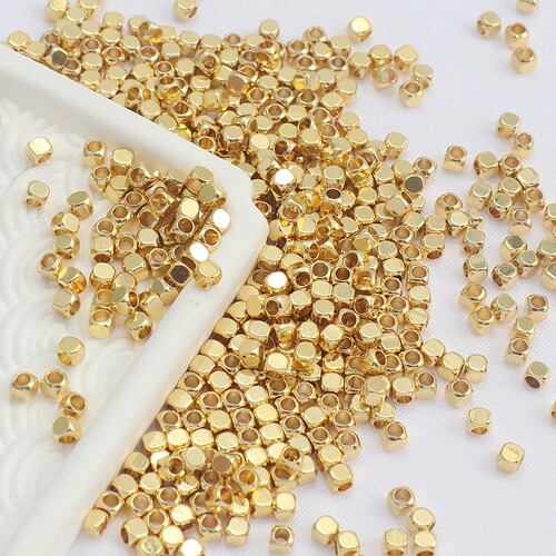 18k包金哑金保色14K几何正方粒2.5mm/3mm/4mm大孔珠diy饰品配珠 - 图1