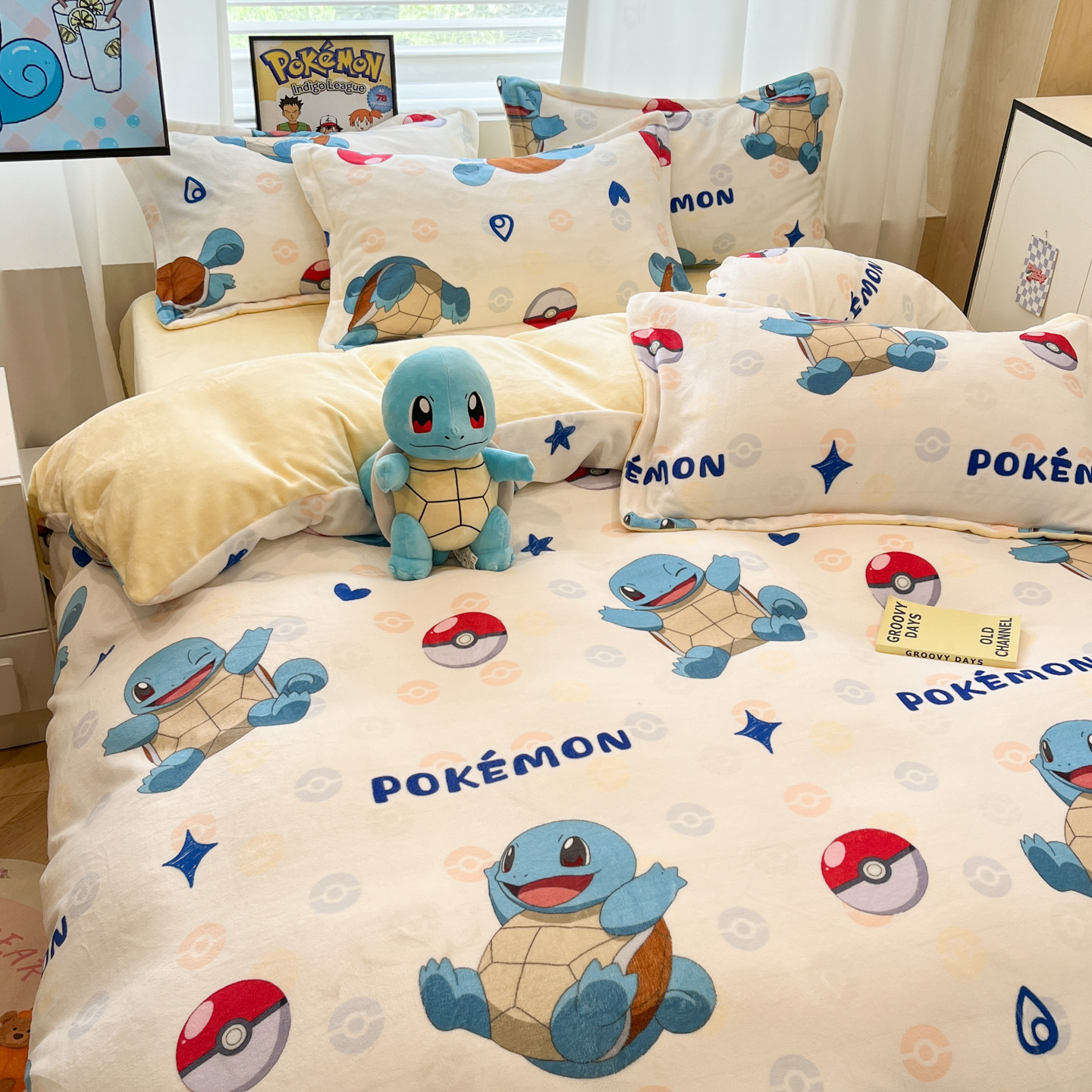 杰尼龟牛奶绒床上四件套宝可梦冬季加绒被套可爱学生床单人三件套,淘宝优惠券,粉丝福利购,淘宝优惠卷
