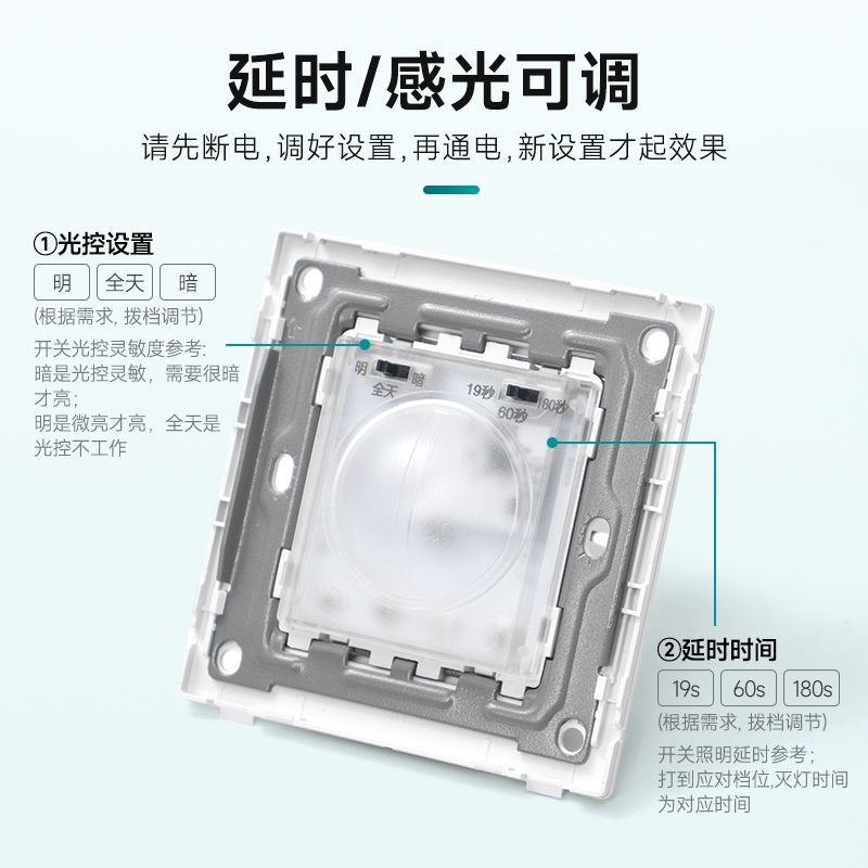 86型暗装微波雷达感应开关220V家用LED灯车库楼道光控延时传感器