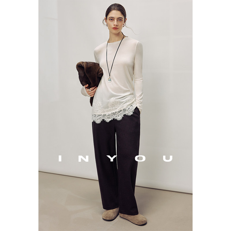 因由 早春莱赛尔天丝羊毛亲肤拼接蕾丝长袖百搭圆领打底衫T恤上衣,淘宝优惠券,粉丝福利购,淘宝优惠卷