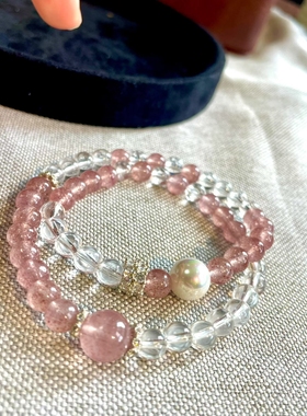 天然水晶草莓晶手链双圈白水晶珠链手串女饰品生日礼物