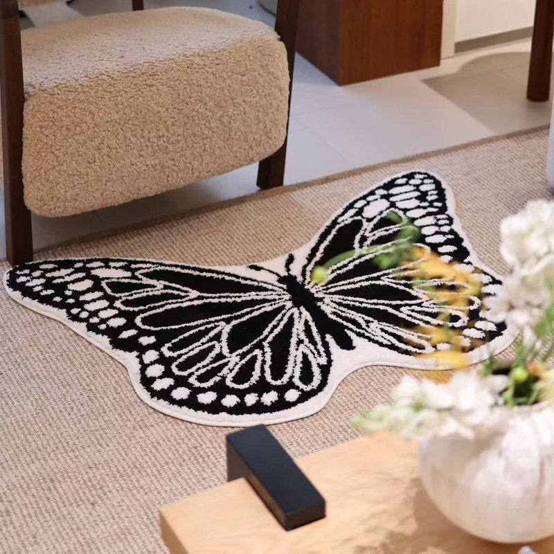 黑白蝴蝶地毯卧室床边毯高级感加厚毛绒客厅沙发地垫浴室吸水脚垫