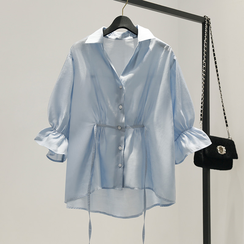 身骑小白马V领收腰裙摆衬衫女夏新款韩版雪纺宽松荷叶边上衣娃娃衫薄款0