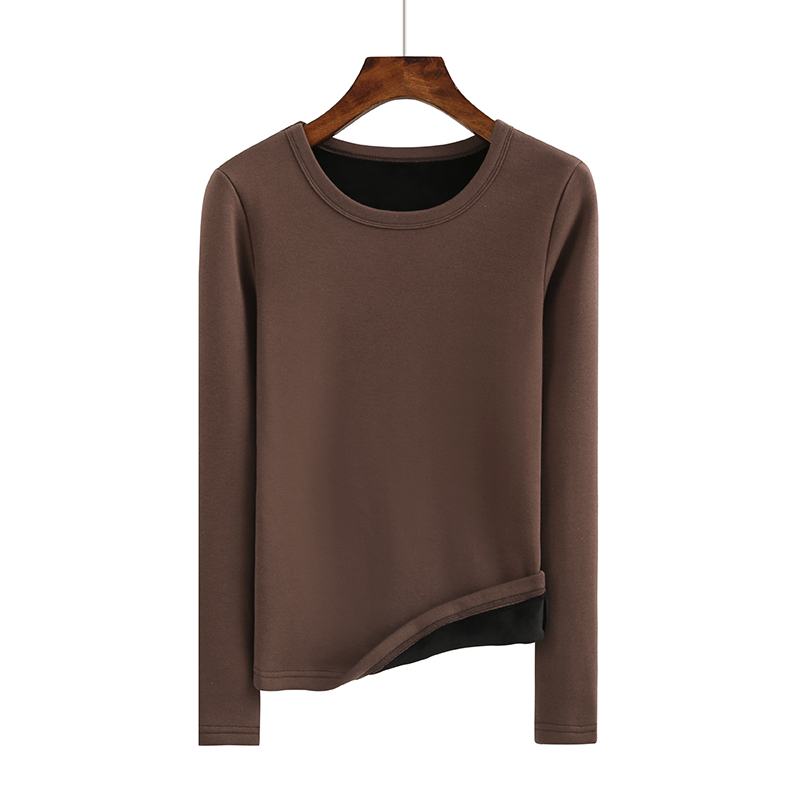 冬季新款韩加绒加厚修身纯白保暖圆领长袖体恤打底衫女装上衣T恤 - 图0