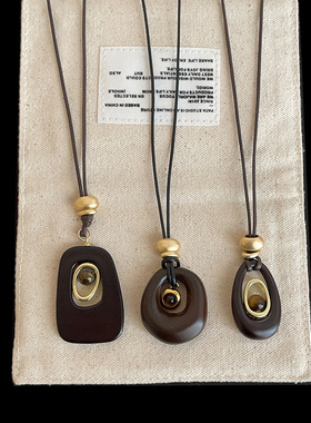 几何咖色椭圆水滴虎眼石吊坠编绳长款项链女复古轻奢颈链毛衣链