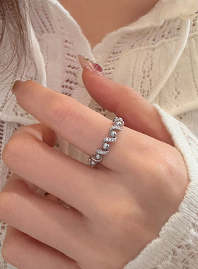 精致锆石珍珠螺纹开口戒指女小众设计感气质独特优雅百搭指环戒子