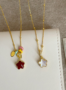 设计感红色滴油贝母双面花朵吊坠项链女个性精致时尚颈链毛衣链