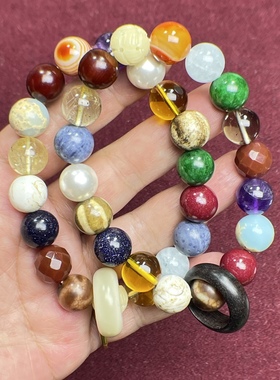 西藏瑟.十八籽手串带跑环朱砂原矿水晶天珠邦提克海蓝宝