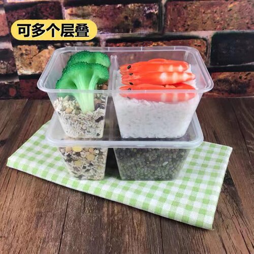一次性餐盒两格饭盒家用打包盒分格塑料加厚带盖便当盒透明外卖盒 - 图3