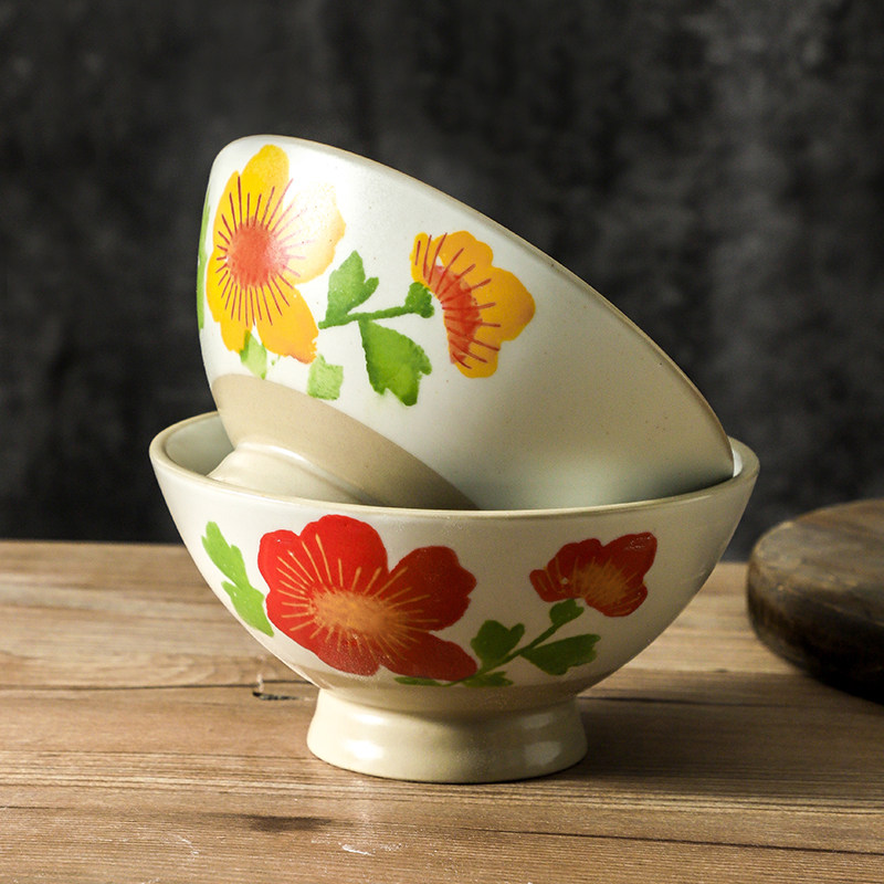 6寸青花瓷拌饭碗中式小面碗斗笠碗防烫高脚碗粗陶吃饭碗复古餐具