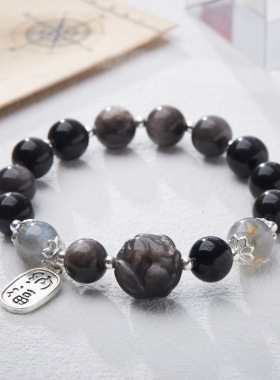 天然黑曜石貔貅女生招财手链