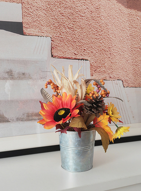 秋色室内装饰丰收铁桶盆栽