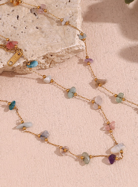 欧美时尚小众气质网红项链不锈钢镀18K金天然碎石手工链手链女