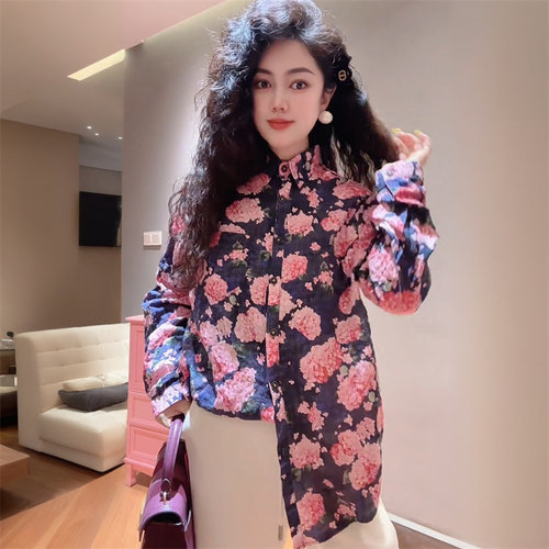 港风时尚洋气休闲棉麻碎花衬衫女长袖宽松舒适大码打底小衫衬衣潮 - 图2