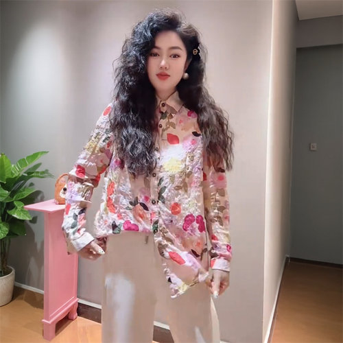 港风时尚洋气休闲棉麻碎花衬衫女长袖宽松舒适大码打底小衫衬衣潮 - 图0