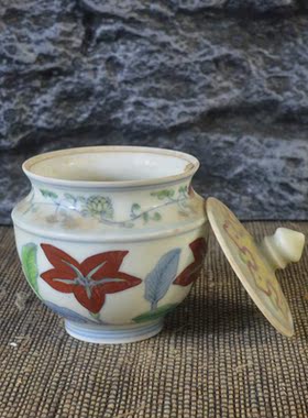 仿古瓷器 复古做旧明成化风格 斗彩红叶纹茶叶罐 古董古玩摆件