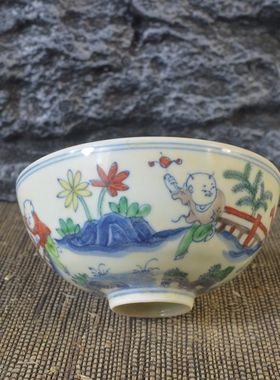 仿古瓷器 复古做旧明成化风格 斗彩人物纹瓷碗 古董古玩收藏品