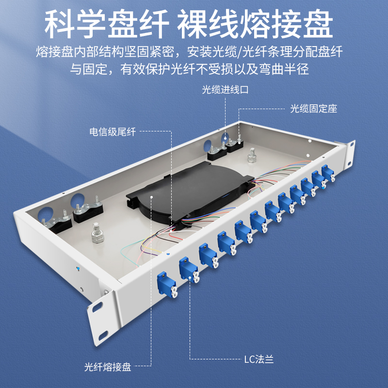 杉木林 LC光纤终端盒机架式24口48芯含尾纤法兰满配单模LC接口尾纤光缆熔接盒通用光纤续接盘配线架SML-BLC24 - 图0