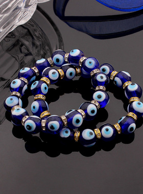10MM琉璃蓝色土耳其恶魔之眼串珠有弹力孩子手链女孩手链
