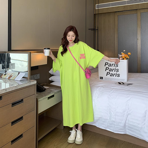 特大码女装遮肚子显瘦连衣裙胖mm夏装宽松纯棉过膝长款t恤裙200斤 - 图2