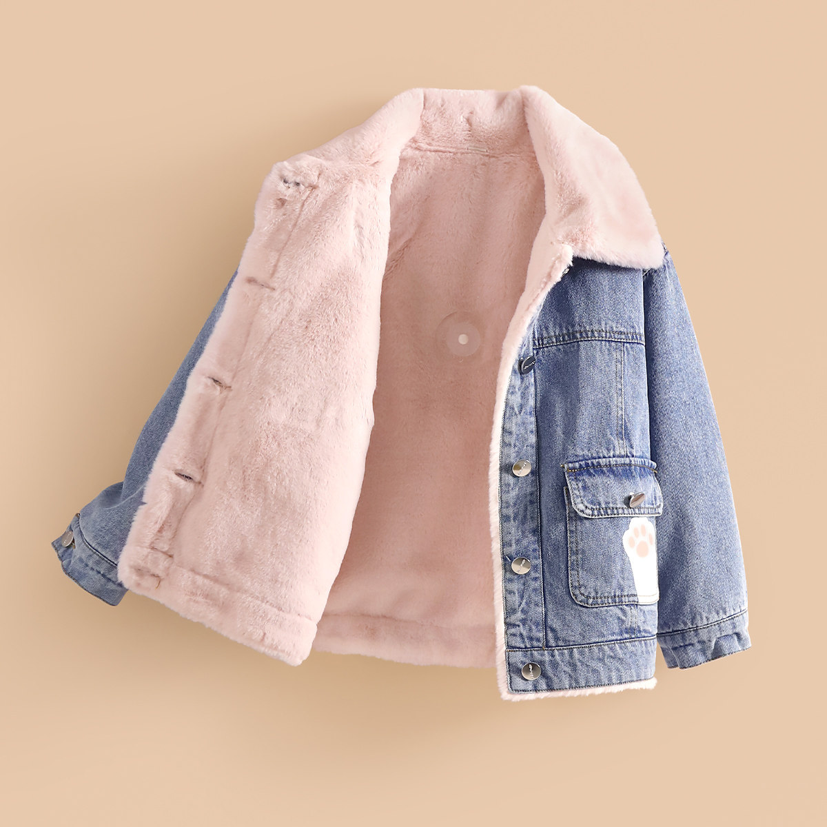 小虎帕蒂猫咪小爪加绒牛仔外套儿童加厚纯棉新款女童卡通保暖外套,淘宝优惠券,粉丝福利购,淘宝优惠卷