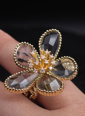 奢华高级感水晶宝石花朵韩国戒指
