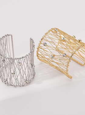 欧美个性铁丝编制镶钻夸张女士手镯舞台演出摄影开口手环酒吧配饰