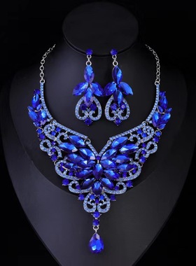 欧美时尚马眼水晶宝石水钻吊坠锁骨项链耳环套链新娘礼服宴会饰品