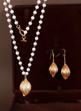 时尚百搭法式复古手工金丝缠绕珍珠吊坠项链耳钩套链长款叠戴饰品