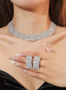 奢华闪亮水钻满钻多层方形耳钉项链新娘首饰套链女气质百搭配饰品