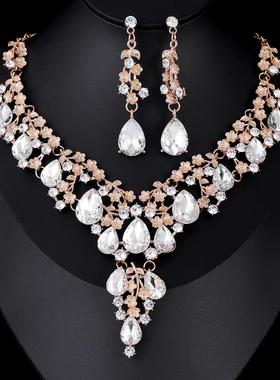 新娘礼服水钻水晶项链耳环套装女舞会服饰配饰时尚百搭锁骨链首饰