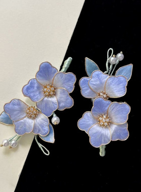 手工绒花 柔润浅蓝花朵 掐丝工艺新中式清冷感发夹