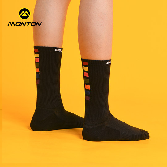 Monton脉腾新品骑行袜耐磨户外运动黑白百搭透气男女七元素针织袜