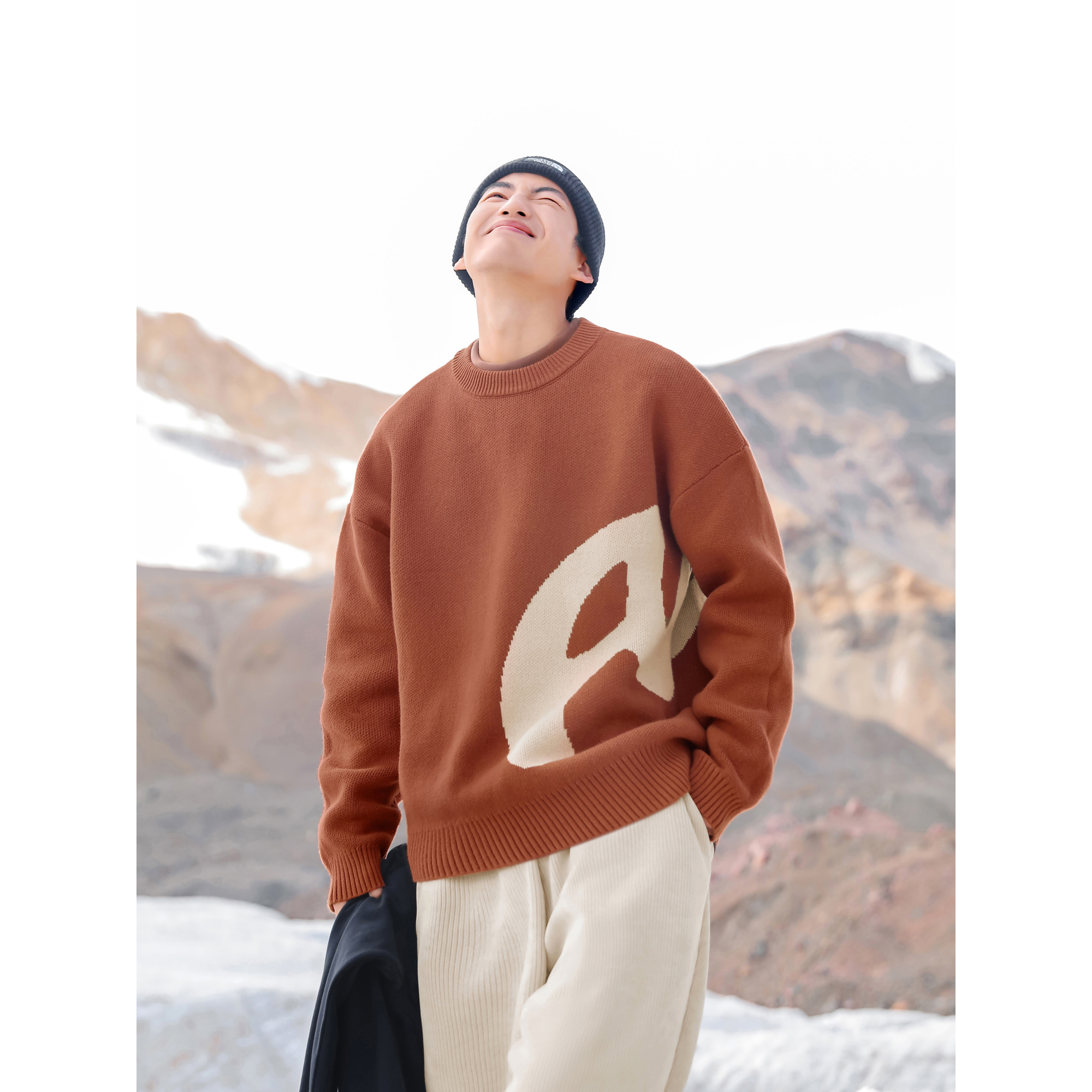 吕小虎日系潮牌提花设计圆领毛衣男秋冬季慵懒情侣套头针织衫上衣