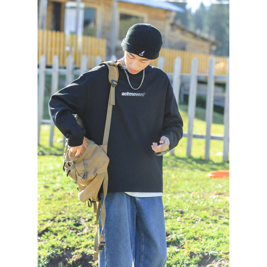 吕小虎高级感痞帅长袖t恤男士秋季宽松上衣男生藏青色内搭打底衫