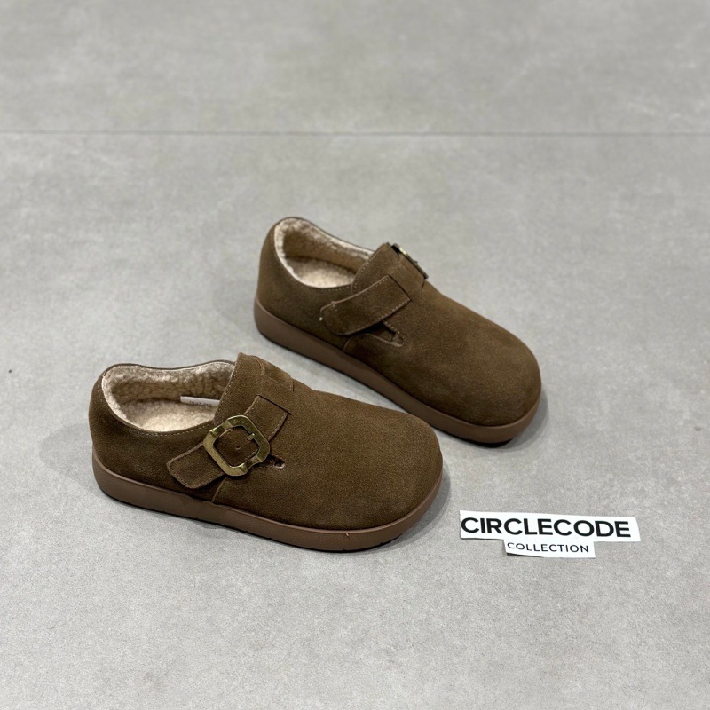 IG厚底博肯鞋秋冬加绒真皮女鞋磨砂软底面包懒人鞋单鞋棉鞋 - 图0