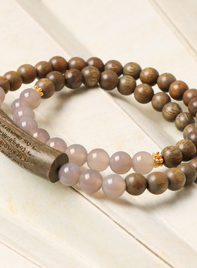 绿檀木半镯国风手链烟灰玛瑙多圈手串手工男女佛珠文玩木质手持